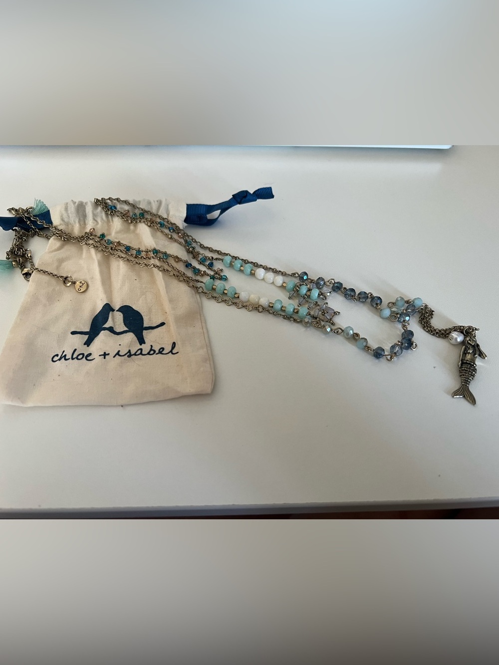 Chloe + Isabel Beaded Multi-Strand Necklace - Aqua, White, Gray, Mermaid Charm